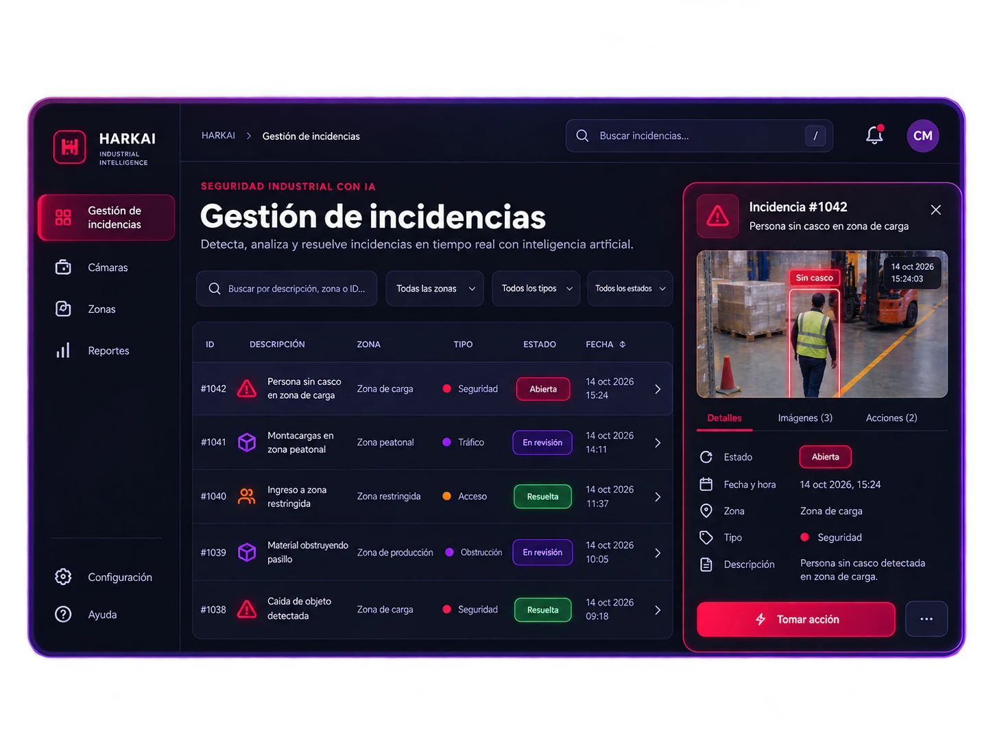 Gestión de incidencias HARKAI con evidencia visual y detalle del caso seleccionado